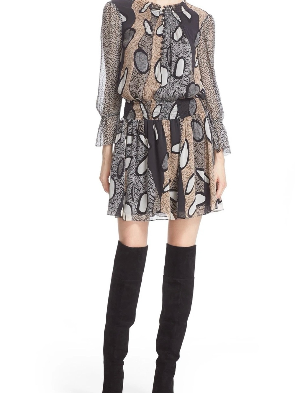 Diane von Furstenberg Kelley Mini Dress 100% Silk Black White Beige Chiffon Sz 0